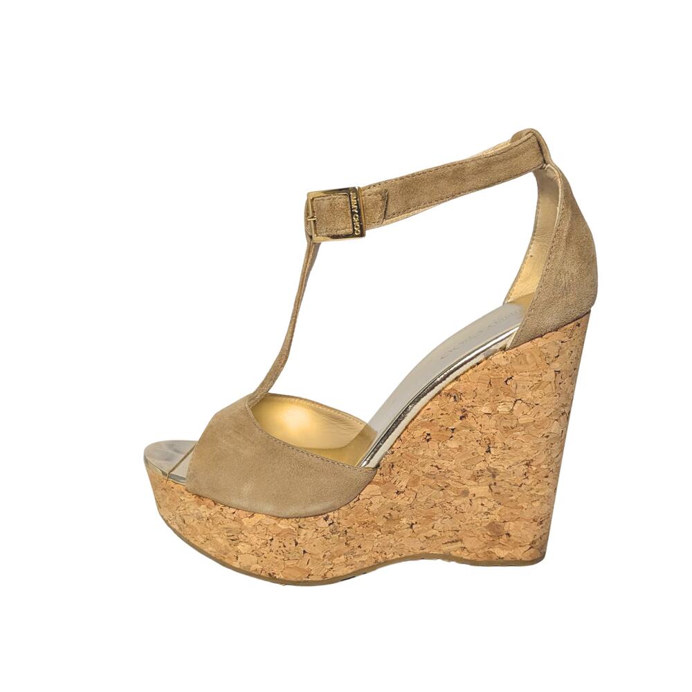 Jimmy Choo Tan Suede Cork Platform Wedge Pela Sandals - Size